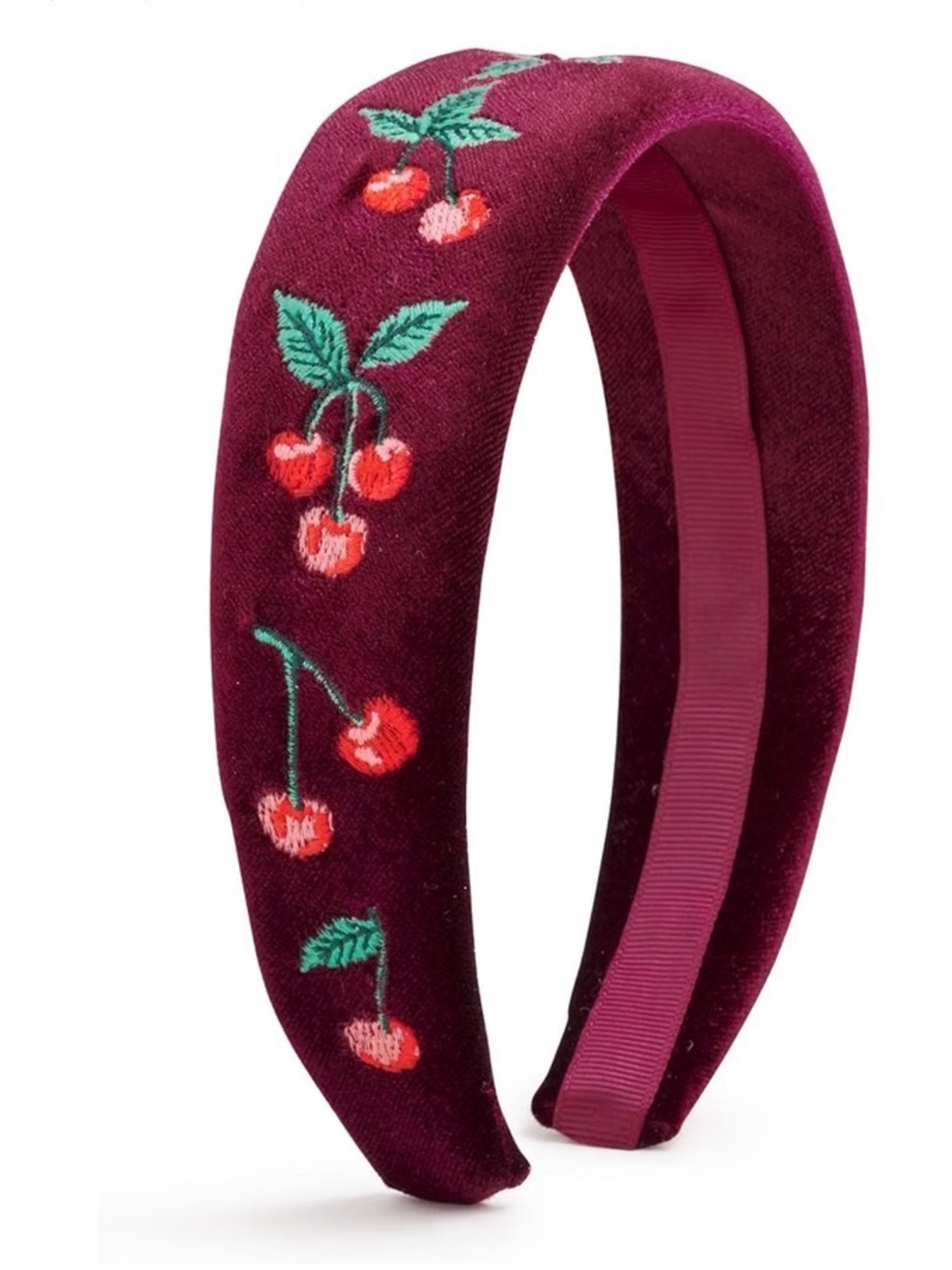 Velvet Cherry Embroidered Headband - Burgundy